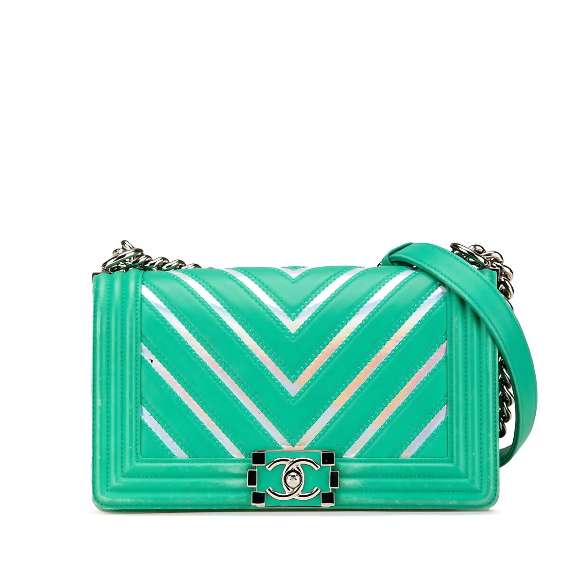 CHANEL Boy Flap Bag Chevron Lammleder mit holografischem PVC