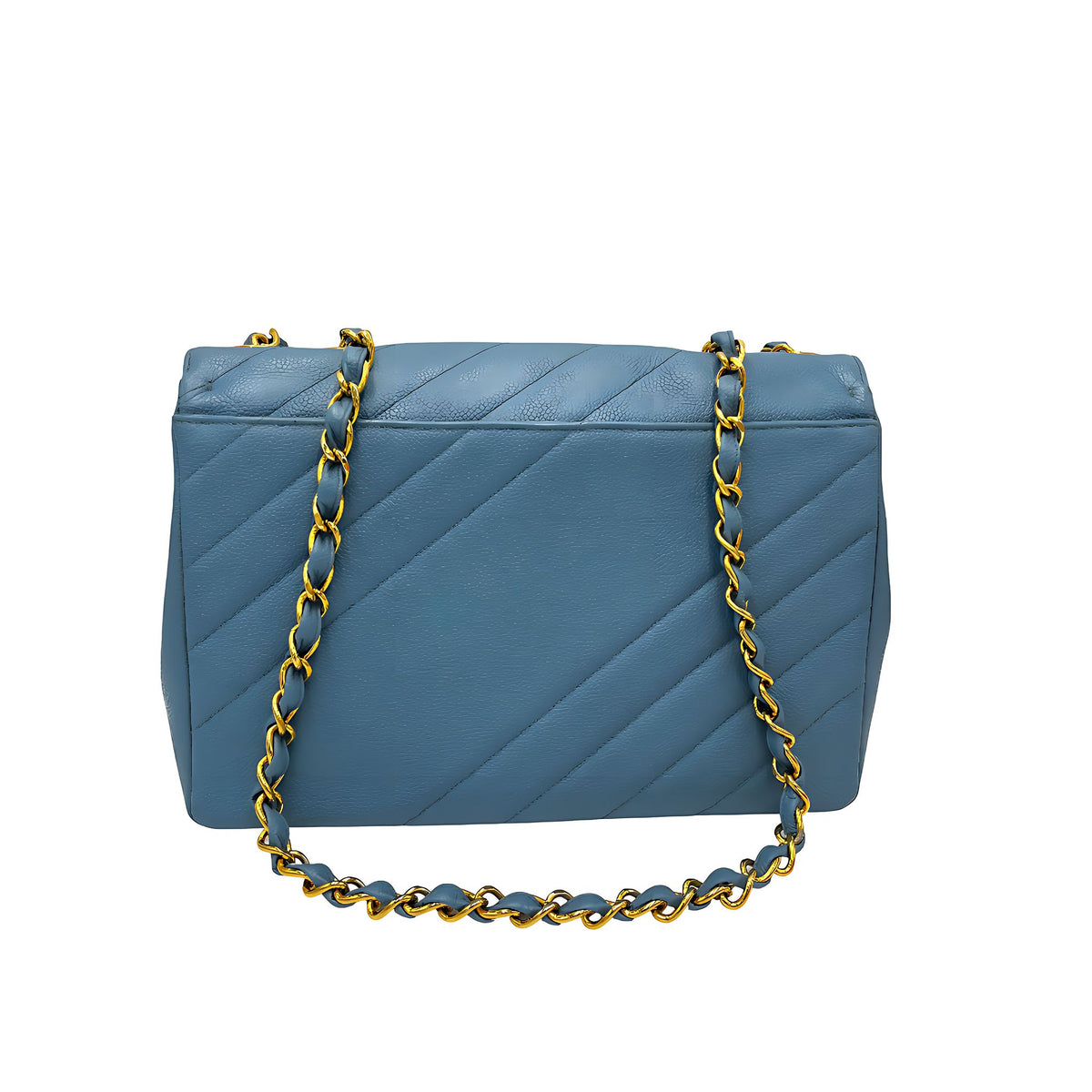CHANEL Coco Mark Bias Stitch Chain Large Leder Blau Goldfarbene Hardware