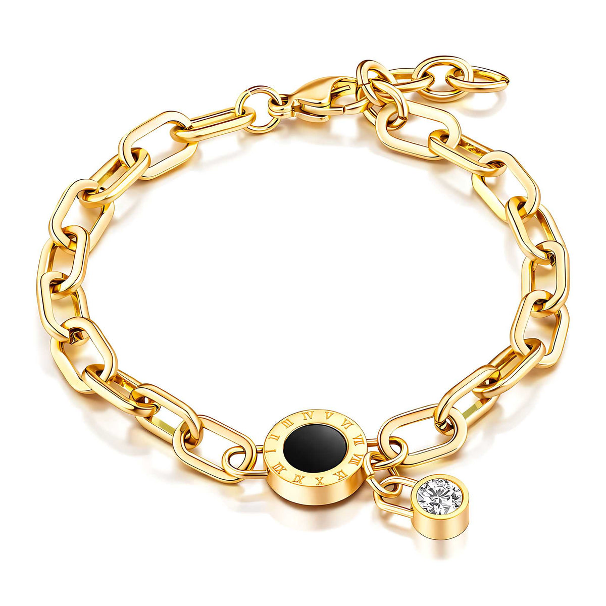Gliederarmband mit schwarzem Rundelement und Zirkonia aus 18K vergoldetem Edelstahl