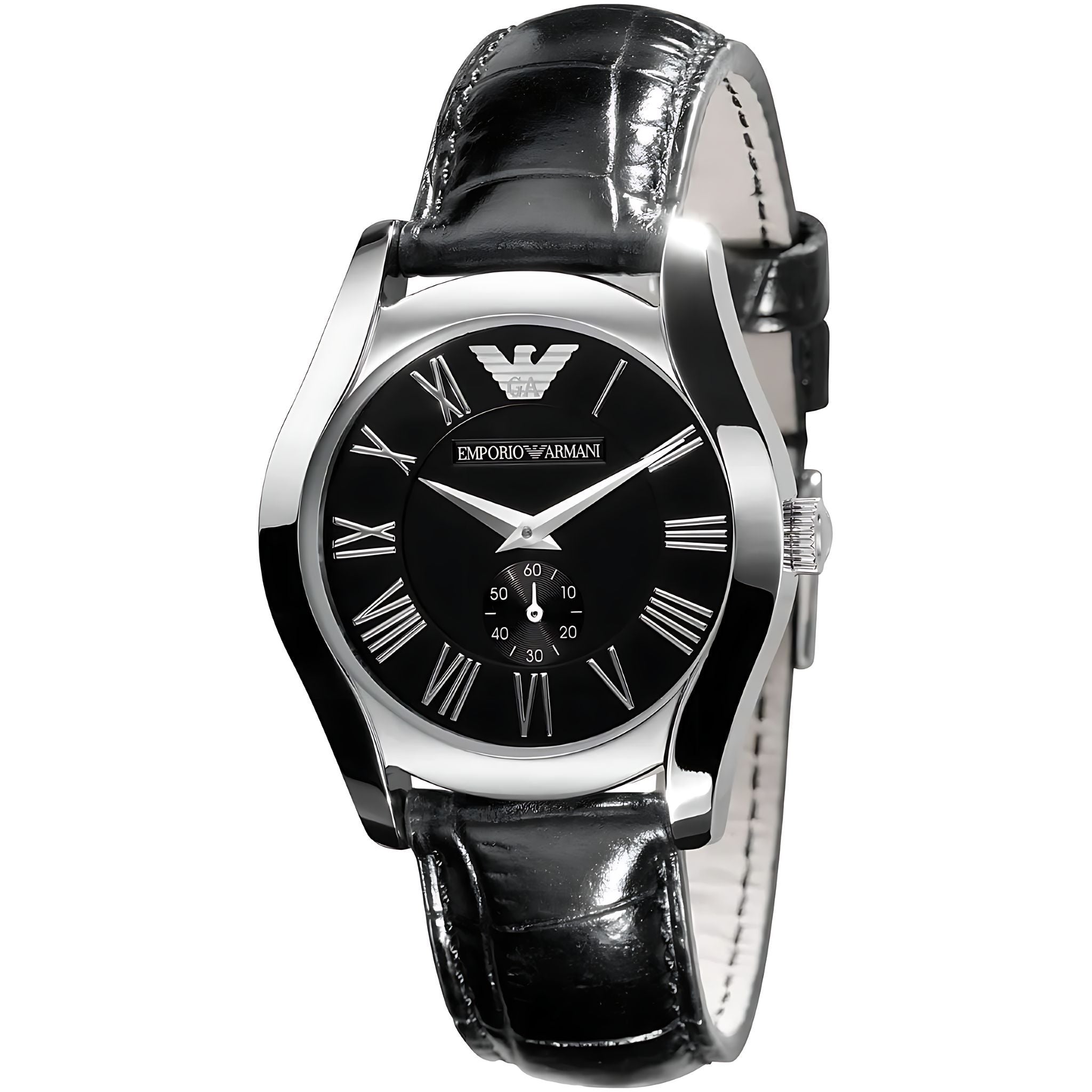 Emporio Armani Classic Damenuhr silber schwarz Lederarmband