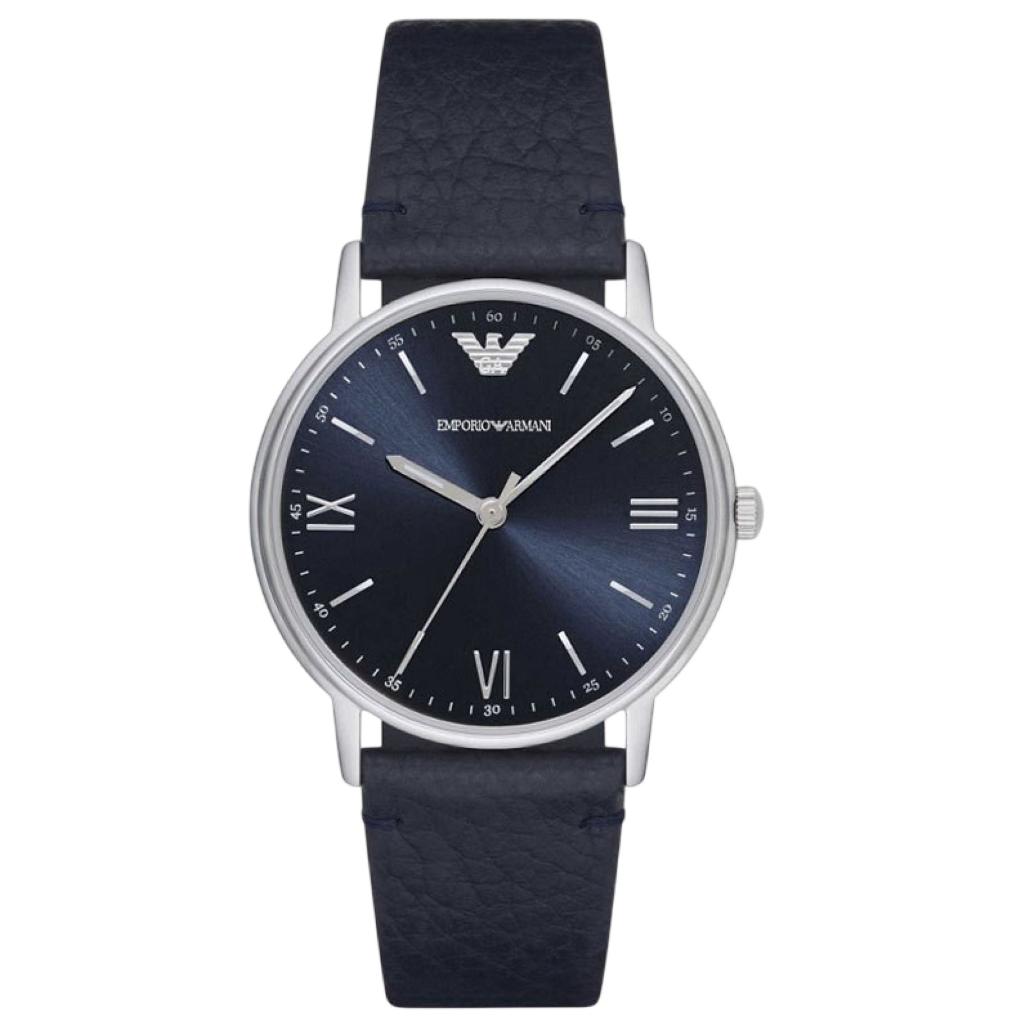 Emporio Armani Damenuhr silber dunkelblau Lederarmband