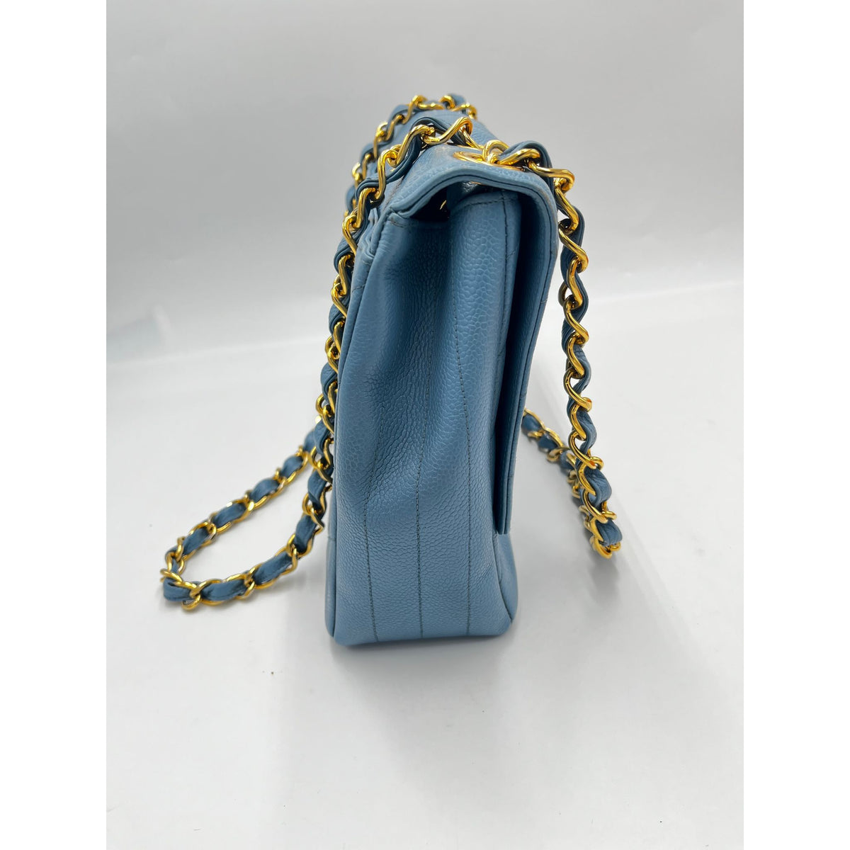 CHANEL Coco Mark Bias Stitch Chain Large Leder Blau Goldfarbene Hardware