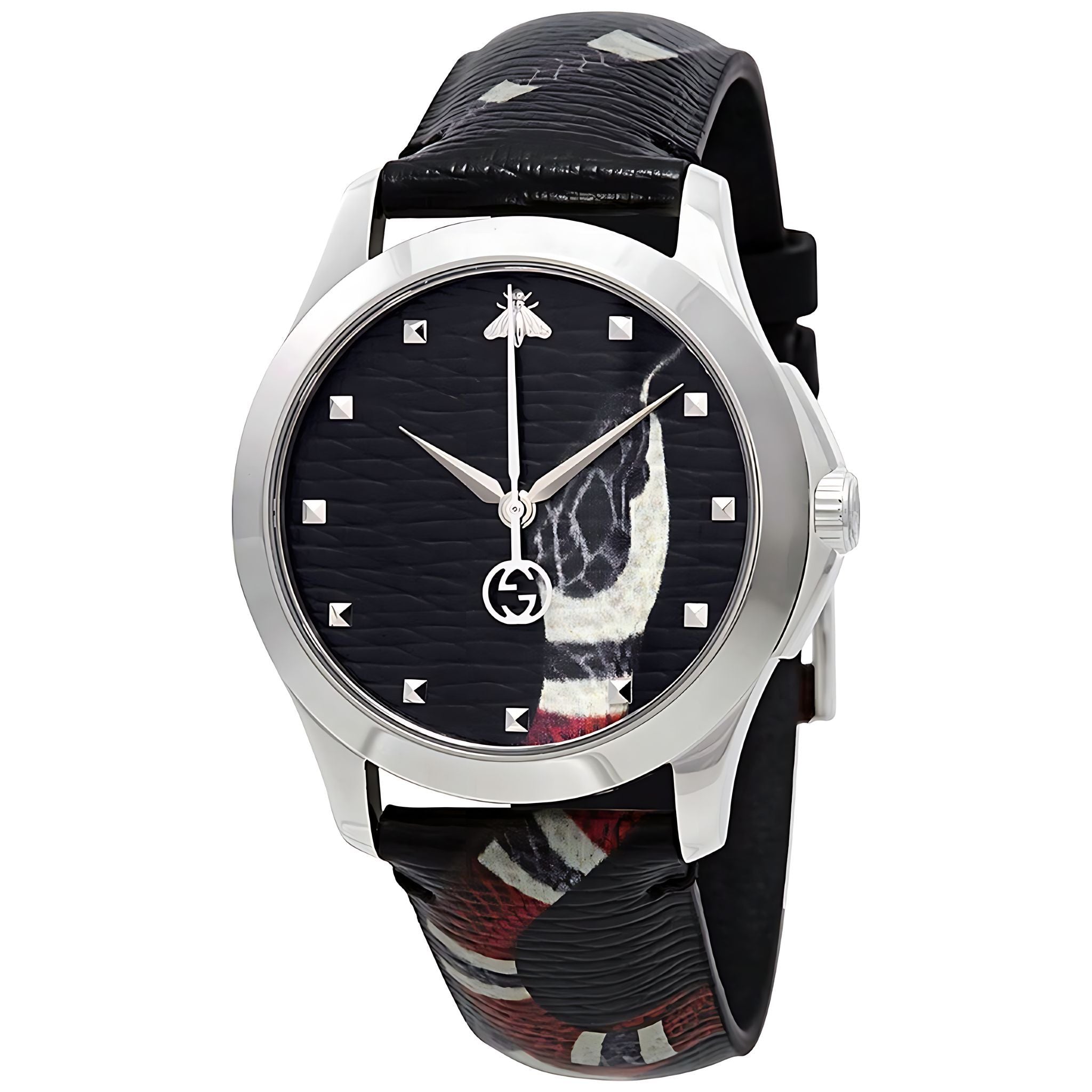 Gucci G Timeless Le Marché des Merveilles Damenuhr silber Lederarmband schwarz