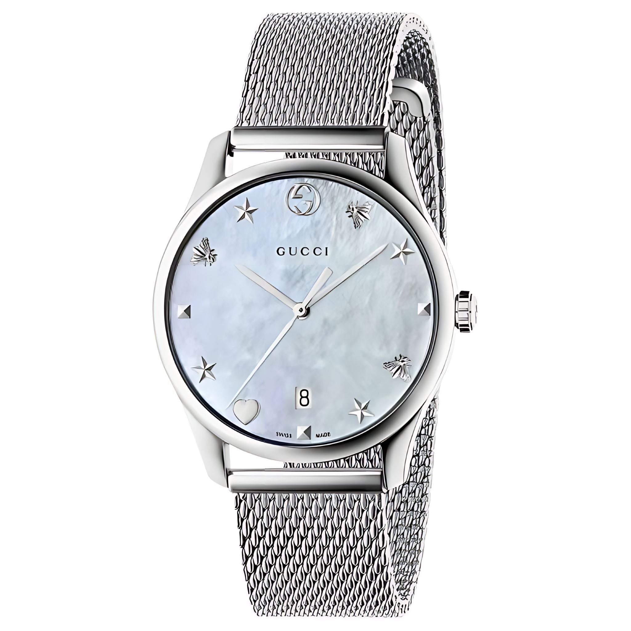 Gucci G Timeless Damenuhr aus Edelstahl silber hellblau