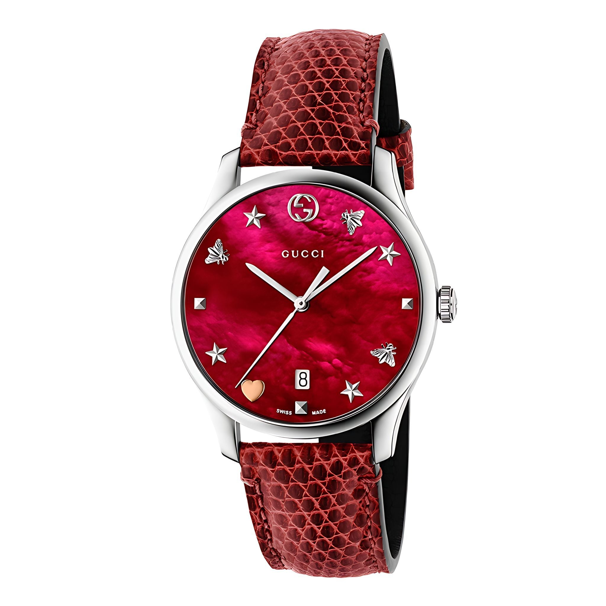Gucci G Timeless Damenuhr silber rot Lederarmband