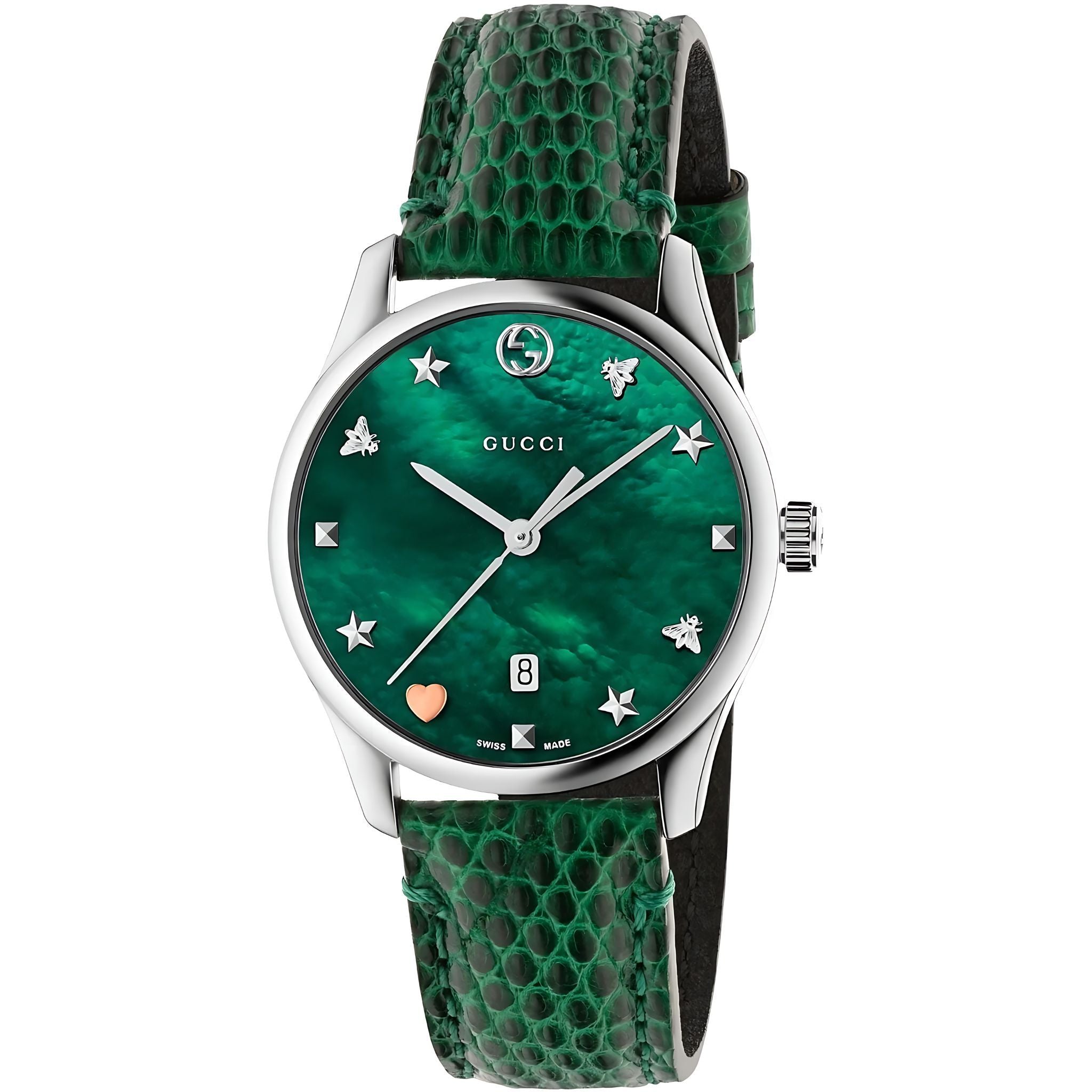Gucci G Timeless Damenuhr aus Edelstahl silber grün Lederarmband