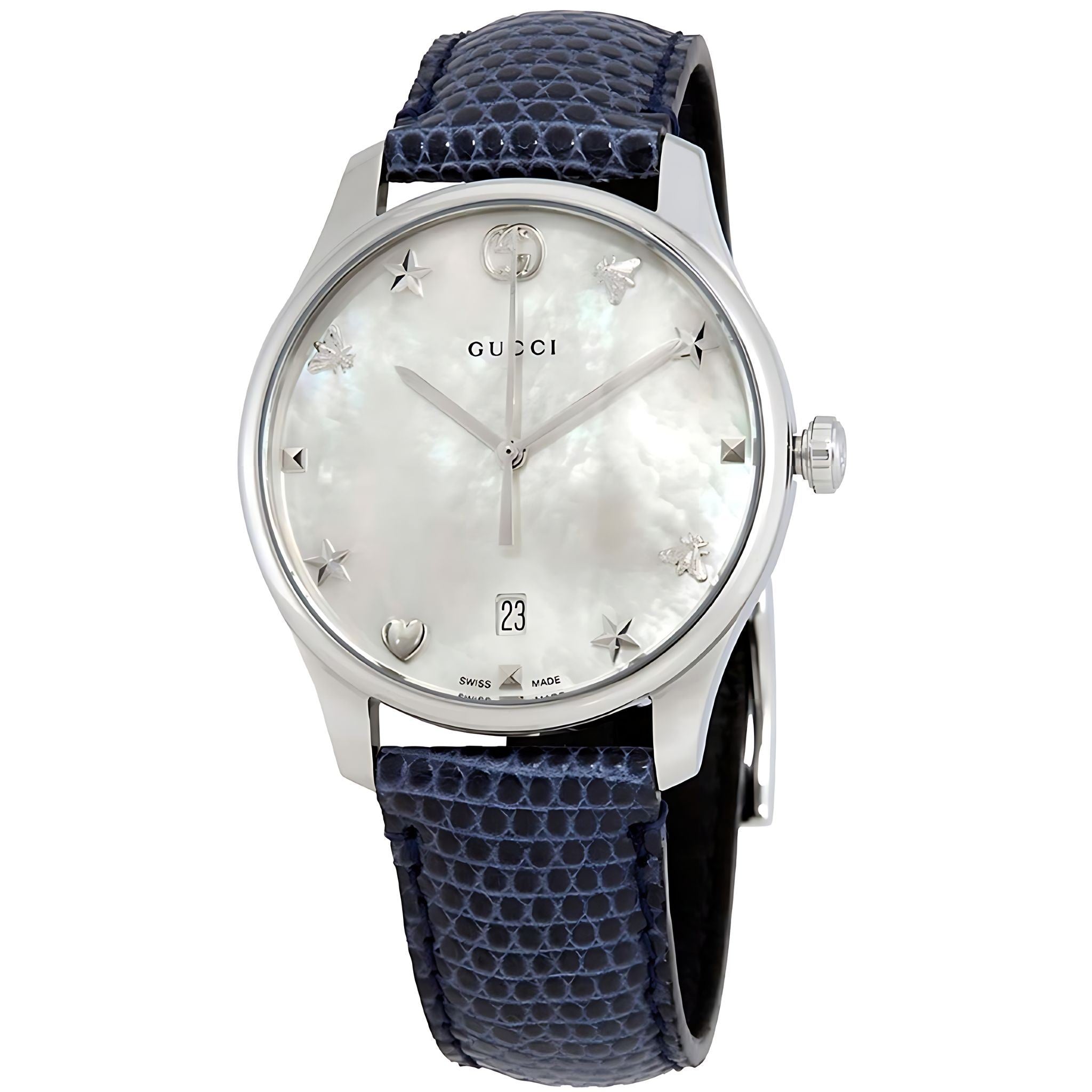 Gucci G Timeless Damenuhr aus Edelstahl silber schwarz Lederarmband