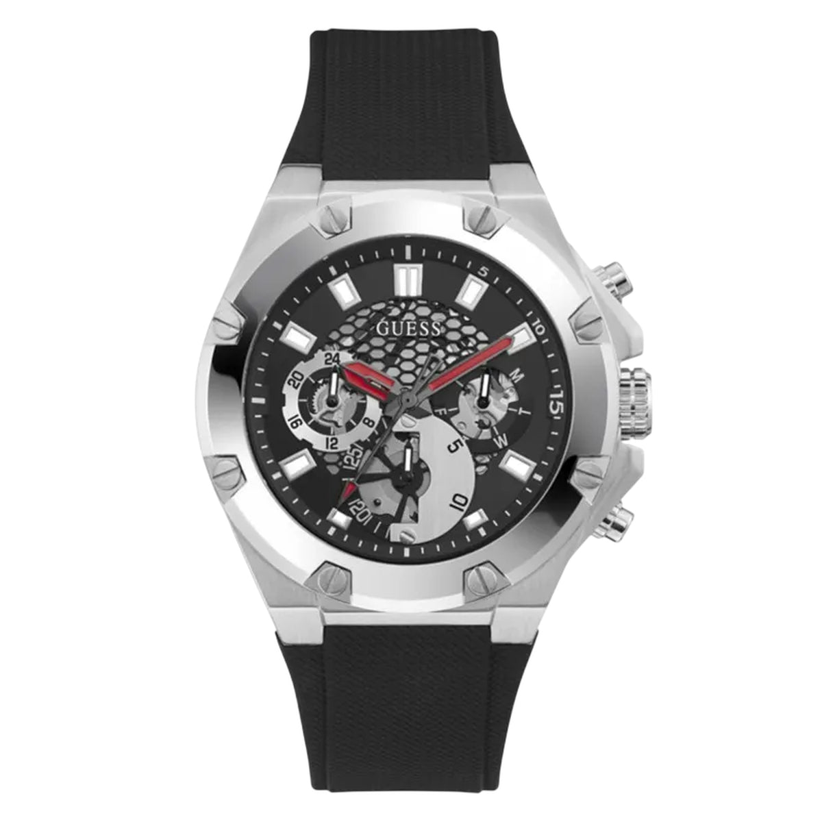 Guess Third Gear Herren-Multifunktionsuhr mit schwarzem Silikonarmband GW0334G1