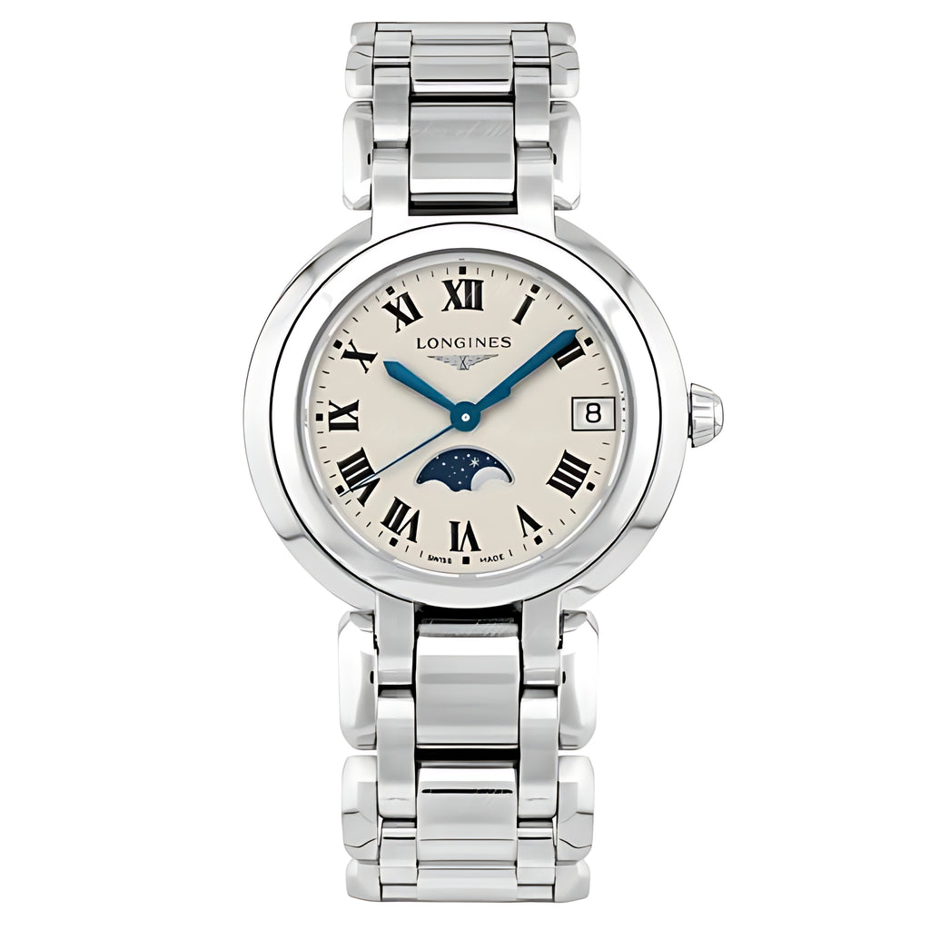 Longines PrimaLuna Moonphase Quarz-Damenuhr Silber 30,5 mm