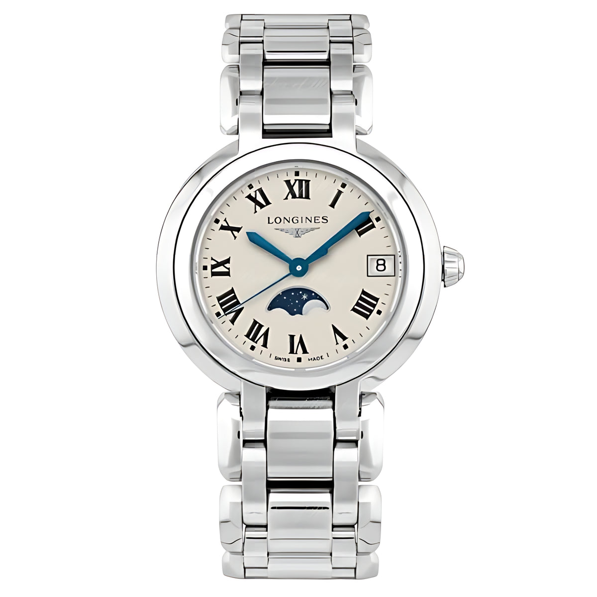 Longines PrimaLuna Moonphase Quarz-Damenuhr Silber 30,5 mm