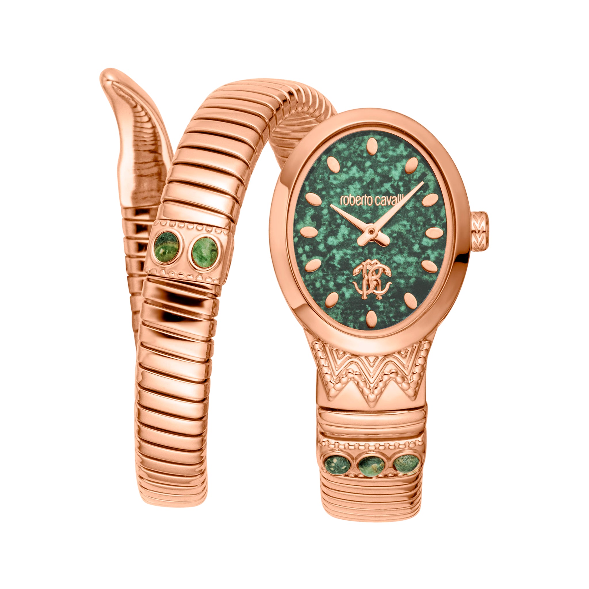 Roberto Cavalli Lady Serpente Ornato Damenuhr Grün Roségold