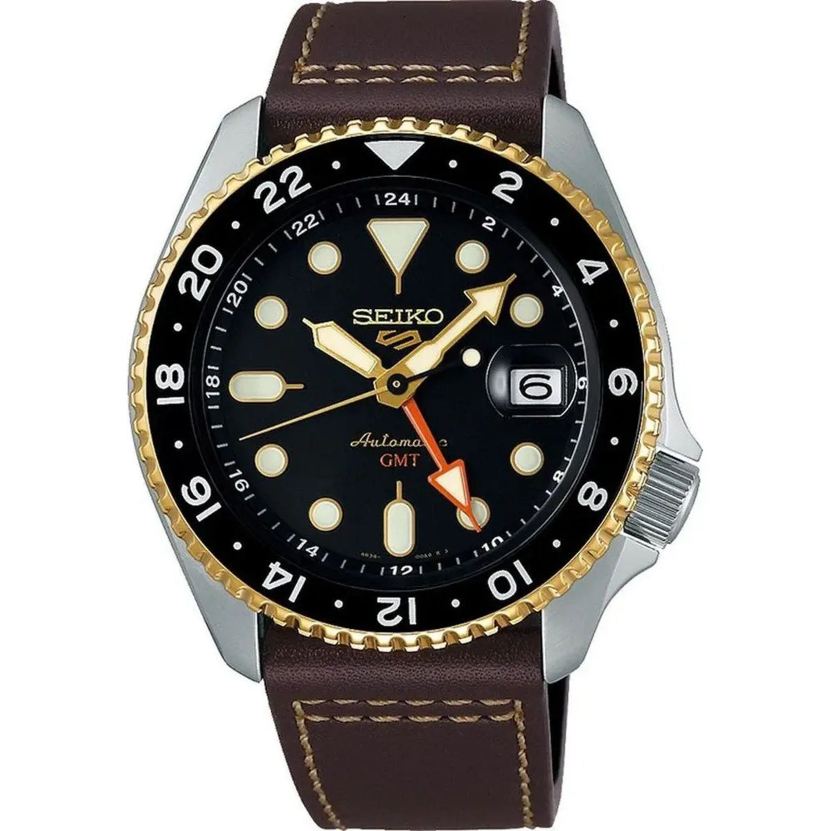 Seiko 5 Sports GMT Herrenuhr silber braun Lederarmband SSK036K1