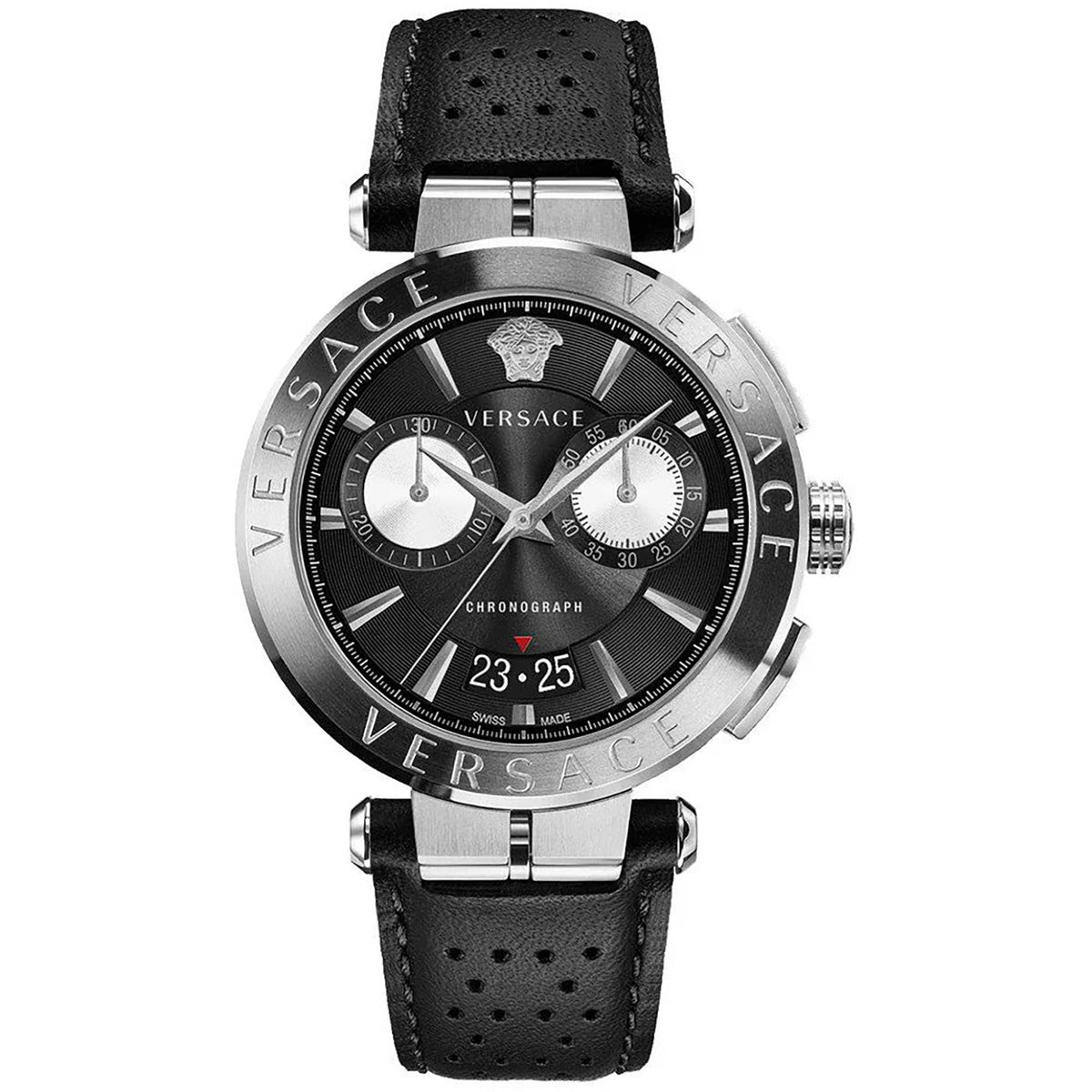 Versace Aion Chronograph Herrenuhr silber schwarz Lederarmband