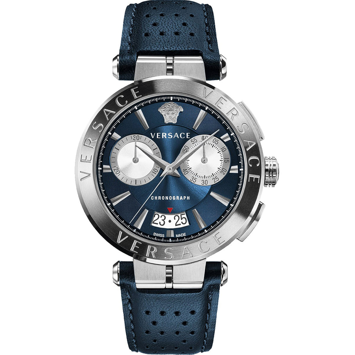 Versace Aion Chronograph Herrenuhr silber blau Lederarmband