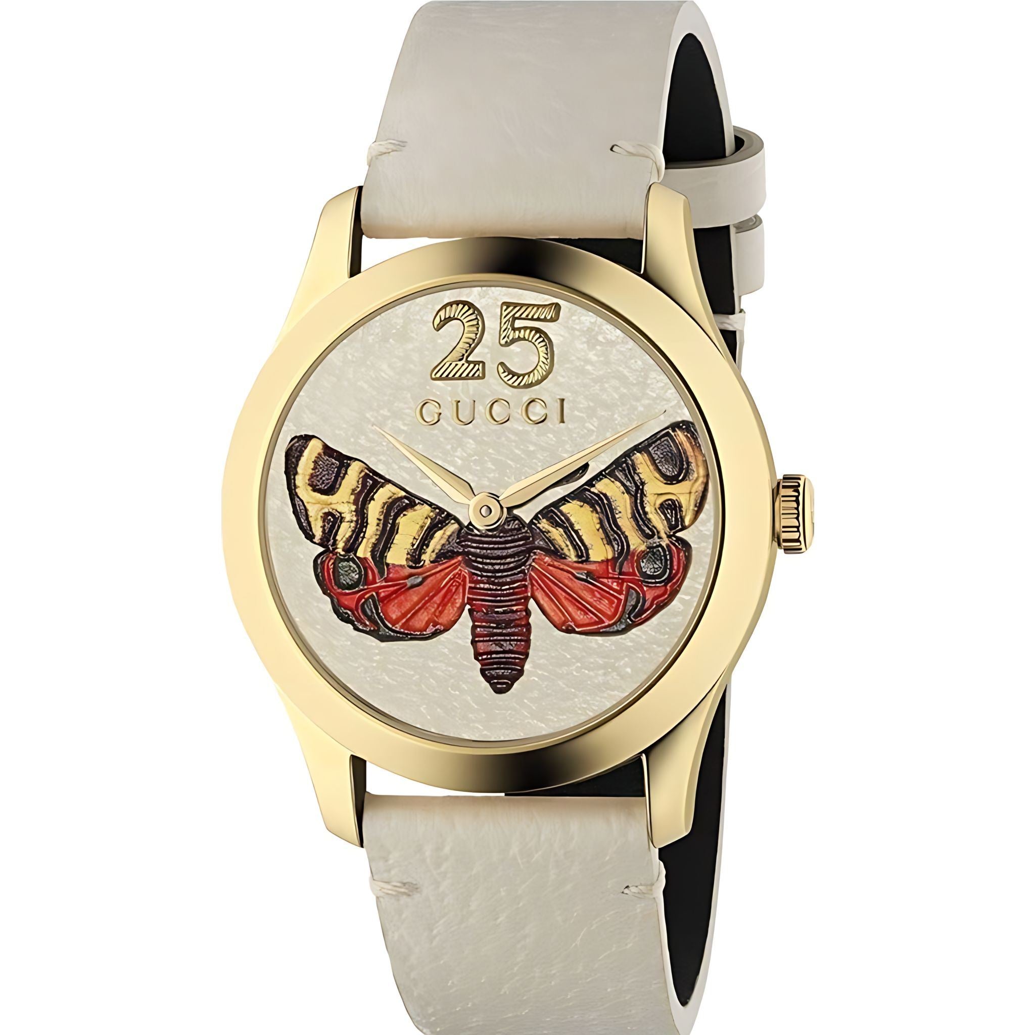 Gucci G Timeless Damenuhr aus Edelstahl gold weiß Lederarmband